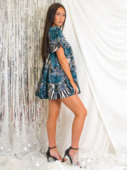 Mixed Print Frill Tiered Satin Smock Dress