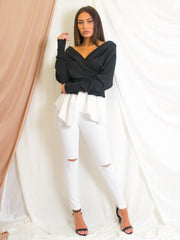 Wrap Over Ribbed Shirt Top