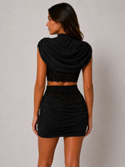 Draped High Neckline Lace Detail Top & Skirt Co-Ord