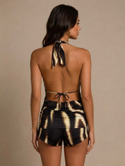Abstract Print Plunge Halter Top & Shorts Set