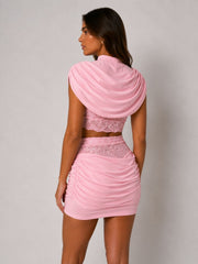 Draped High Neckline Lace Detail Top & Skirt Co-Ord