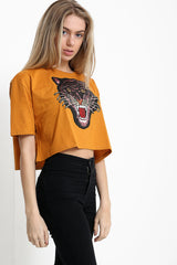Applique Sequin Embellished Tiger Crop Top