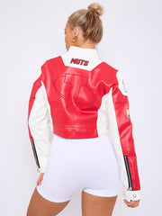 Colour Block Embroidered Vintage PU Biker Jacket