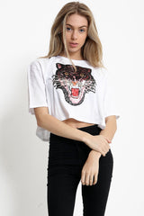 Applique Sequin Embellished Tiger Crop Top