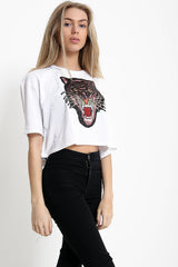 Applique Sequin Embellished Tiger Crop Top