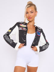 Colour Block Embroidered Vintage PU Biker Jacket