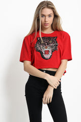 Applique Sequin Embellished Tiger Crop Top