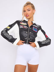 Colour Block Embroidered Vintage PU Biker Jacket