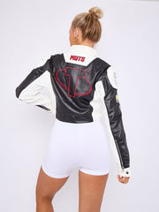Colour Block Embroidered Vintage PU Biker Jacket