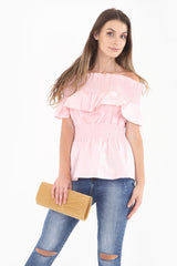 Shirred Panel Frill Bardot Top
