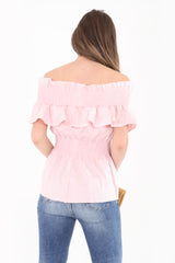 Shirred Panel Frill Bardot Top