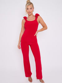 Ruched Straps Slinky Top & Wide Leg Trouser Co-ord - Red