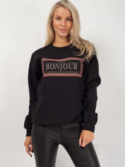 Bonjour Glitter Print Sweatshirt Jumper