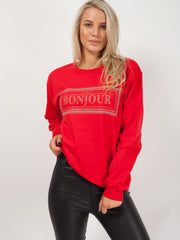 Bonjour Glitter Print Sweatshirt Jumper