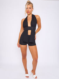 Textured Backless Halter Top & Shorts Co-ord - Black