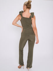 Ruches riemen slinky top- en breedbeen broekcoördin