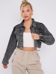 Distressed Cropped Denim Jacket With Pockets
