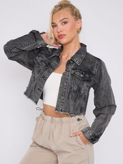 Distressed Cropped Denim Jacket With Pockets