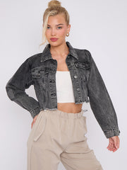 Distressed Cropped Denim Jacket With Pockets