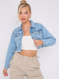Distressed Cropped Denim Jacket With Pockets - Blue