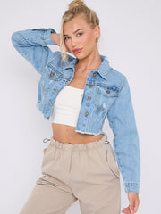 Distressed Cropped Denim Jacket With Pockets