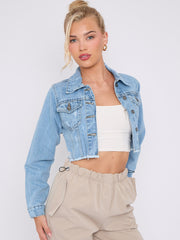 Distressed Cropped Denim Jacket With Pockets