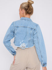 Distressed Cropped Denim Jacket With Pockets