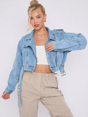 Cropped Zip Up Biker Denim Jacket