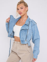Cropped Zip Up Biker Denim Jacket
