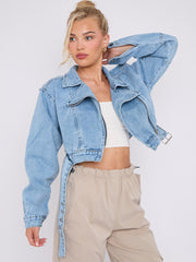 Cropped Zip Up Biker Denim Jacket