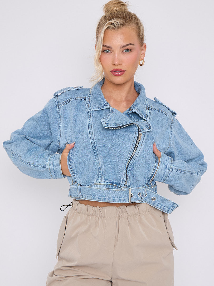 Wholesale Cropped Zip Up Biker Denim Jacket – Stylewise Direct