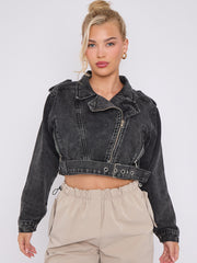 Cropped Zip Up Biker Denim Jacket