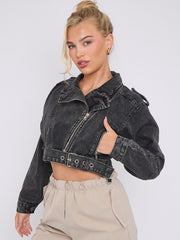 Cropped Zip Up Biker Denim Jacket
