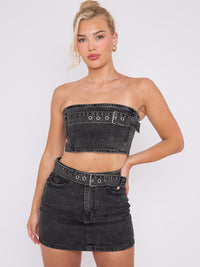 Gürness Denim Bandeau Crop Top & Rock Co-ordte - Black