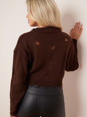 Long Sleeve Distressed Knitted Cropped Jumper