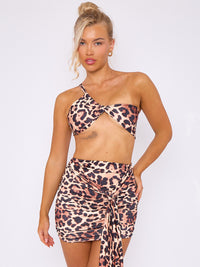 Leopard Print Cross Top & Drape Skirt Co-ord - Brown