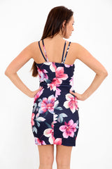 Florales Rippenkreppkörperkleid mit floralem Riemchen