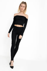 Ribbed Bardot Cropped Loungewear Set