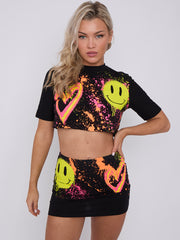 Paint Splash Smiley Heart Graphic Crop Top & Skirt Co-ord