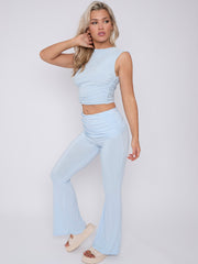 Slinky Sleeveless Ruched Crop Top & Fold Over Flared Trouser Co-ord