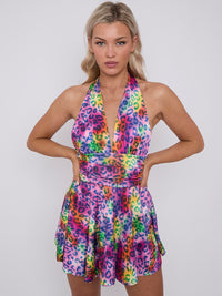 Leopard Print Halter Neck Frill Mini Dress - Multi