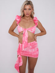 Tie-dye geprinte tie knoop crop top & vleugel rokcoördin