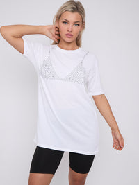 Glitzer-Bralet-Muster-T-Shirt - White