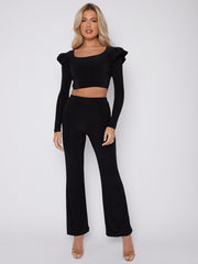 Frill Shoulder Slinky Crop Top & Wide Leg Trouser Co-ord