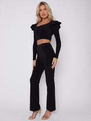 Frill Shoulder Slinky Crop Top & Wide Leg Trouser Co-ord