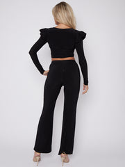 Frill Shoulder Slinky Crop Top & Wide Leg Trouser Co-ord