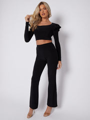 Frill Shoulder Slinky Crop Top & Wide Leg Trouser Co-ord