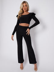 Frill Shoulder Slinky Crop Top & Wide Leg Trouser Co-ord