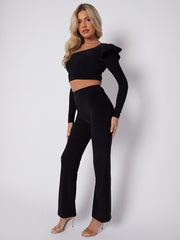 Frill Shoulder Slinky Crop Top & Wide Leg Trouser Co-ord