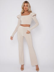 Frill Shoulder Slinky Crop Top & Wide Leg Trouser Co-ord